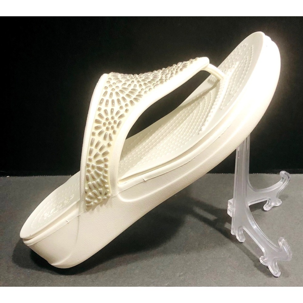 CROCS Womens Wedge Sandals White Montery Diamante Shoes Thongs Embellish Beach 8